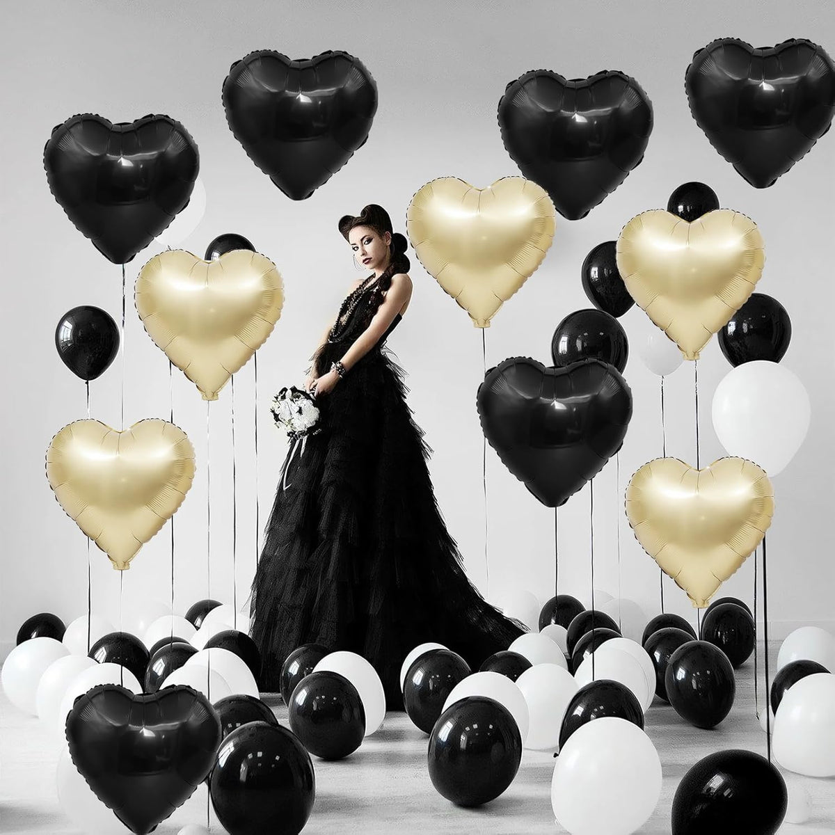 Black Gold Heart Balloons,12Pcs 18Inch Black Champagne Gold Heart Shaped Foil Helium Balloons for