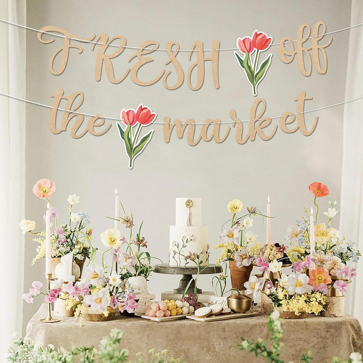 Fresh Off The Market Bridal Shower Banner, Vintage Farmers Market Floral Theme Wedding Banner for