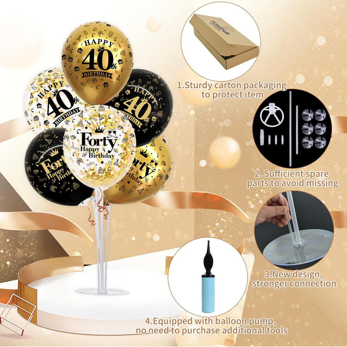 TONIFUL 4 Set Black Gold Balloon Stand Kit for Birthday Decorations for 40th,Balloon Centerpieces