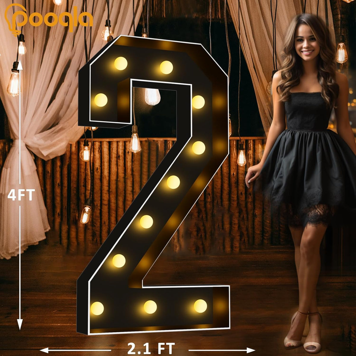 Pooqla 4 FT Light Up Marquee Numbers, Black Big Mosaic Numbers 4 Feet Tall for 2nd 12th 21st