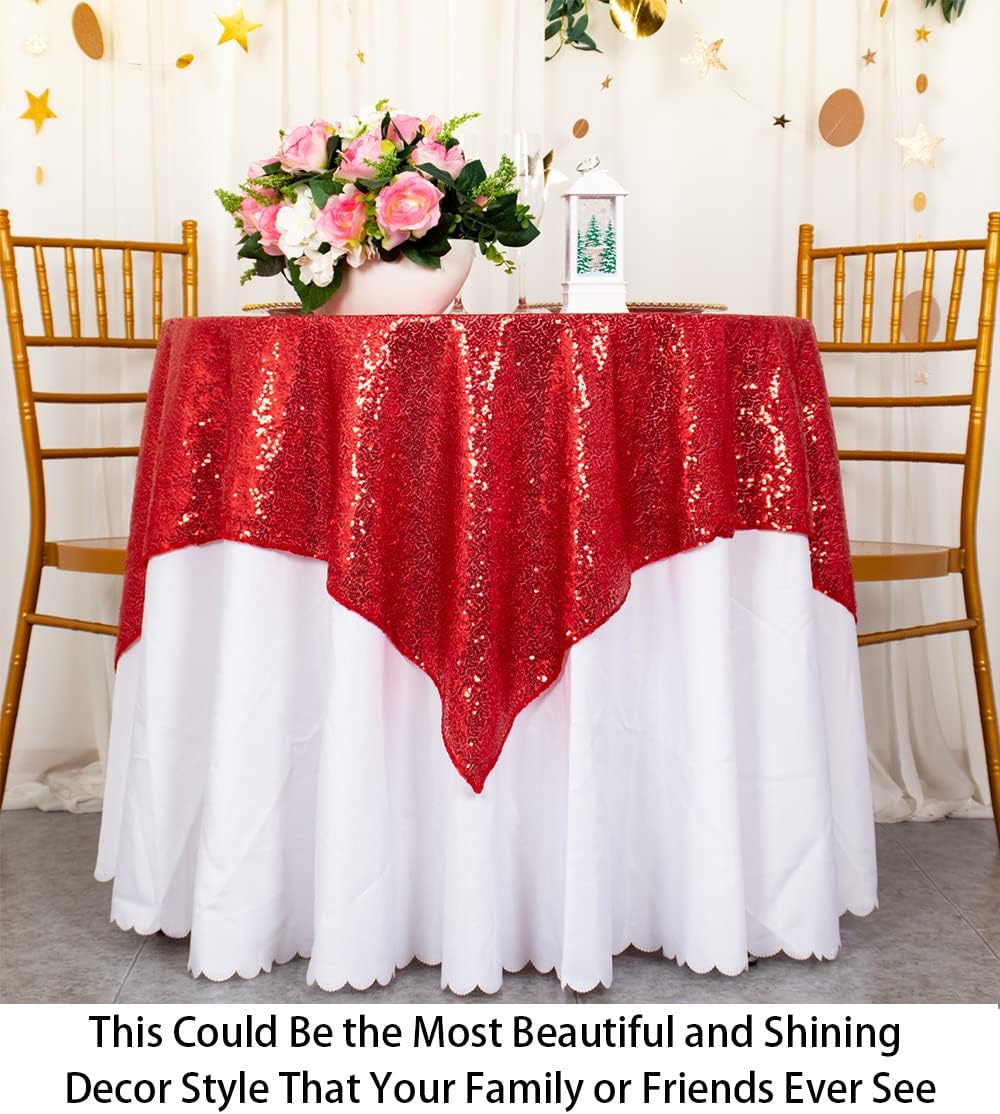 ShinyBeauty Sequin Tablecloth Square 54x54-Inch Red Table Cloths for Round Table Red Sequins Fabric