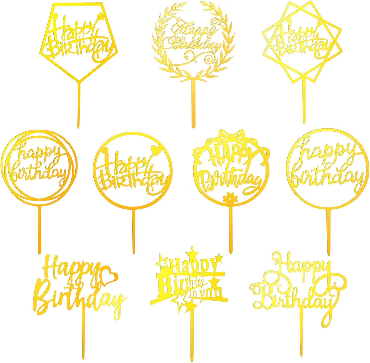 100 Pcs Gold Happy Birthday Cake Toppers Gold Acrylic Cake Topper Glitter Birthday Cake Decorations