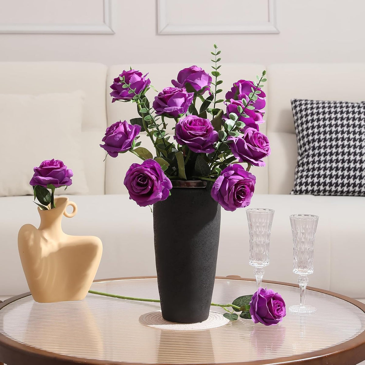 Tifuly Purple Roses Artificial Flowers - 12 pcs Realistic Single Long Stem Fake Silk Roses Bouquet