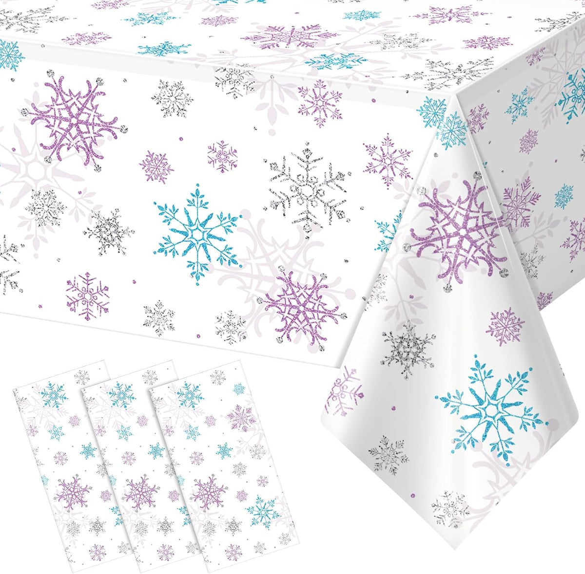 3 Pieces Christmas Snowflake Party Tablecloth Decorations,Plastic Purple and Blue Winter Wonderland