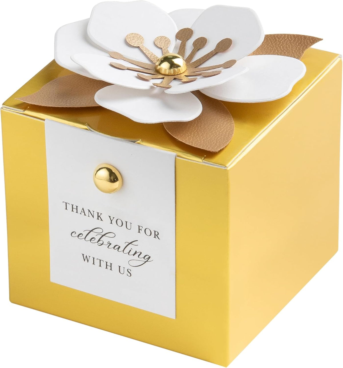FEIYI 20 PCS Candy Boxes, 3 In 1 Gold Favor Boxes with Floral Decor, White Thank You Tags Gift