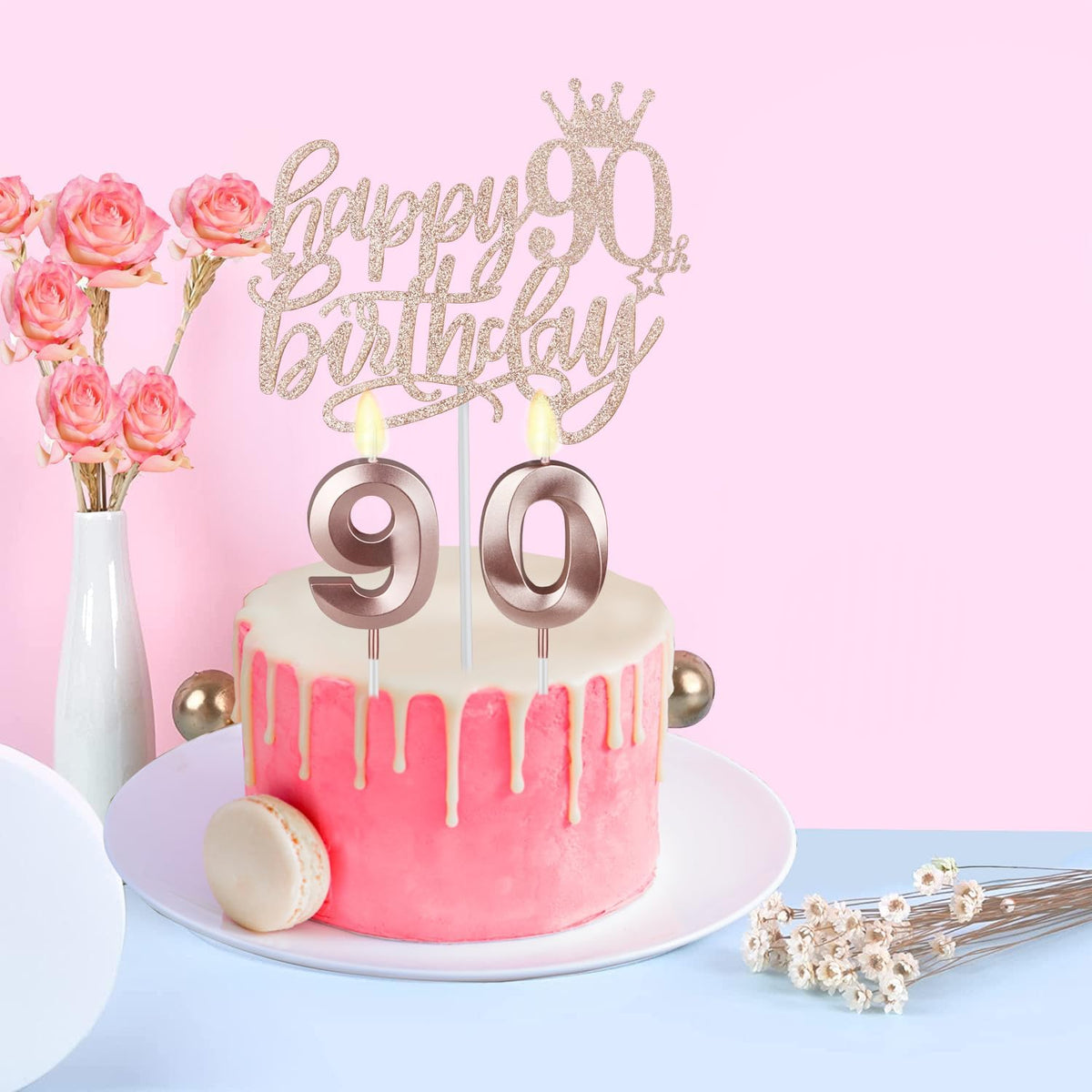 90th Birthday Decorations Women, Including Crown/Tiara, Sash, Cake Topper and Candles, Happy 90th