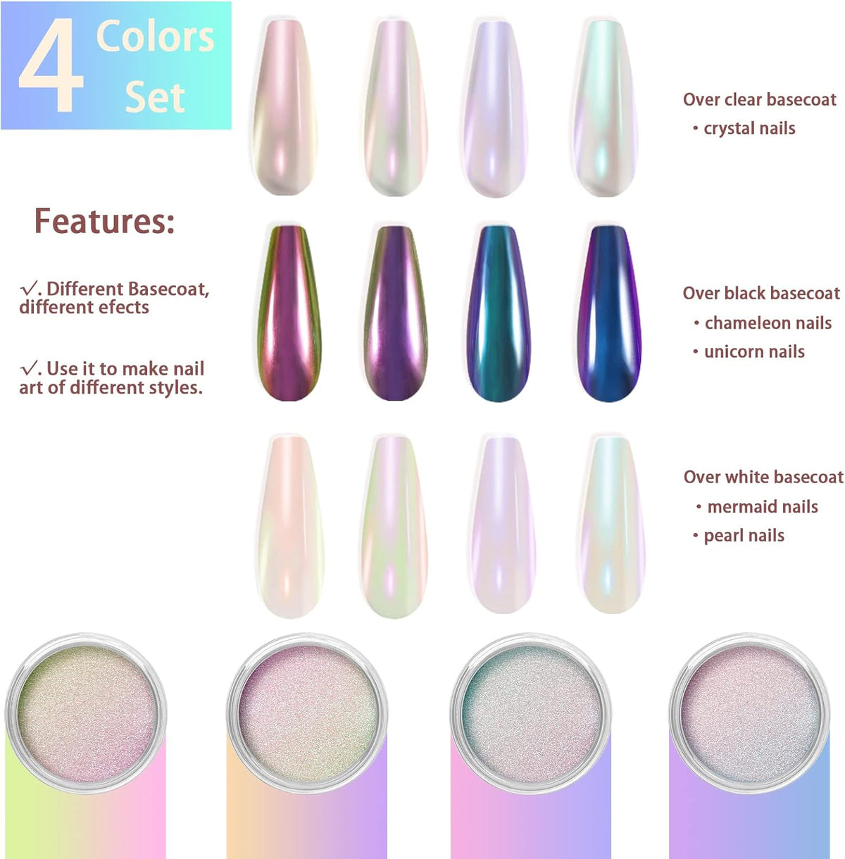 Allstarry White Chrome Nail Powder, 4 PCS Color-Shift Chameleon Mica Powder Pearlescent Pearl