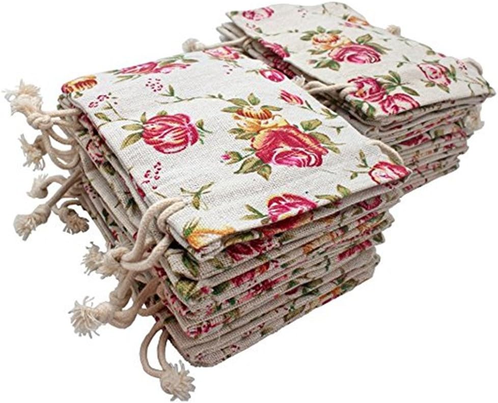 KUPOO 50PCS Rose Drawstring Bags Burlap Flower Pouch Bags Gift Bags Jewelry Pouches for DIY Craft