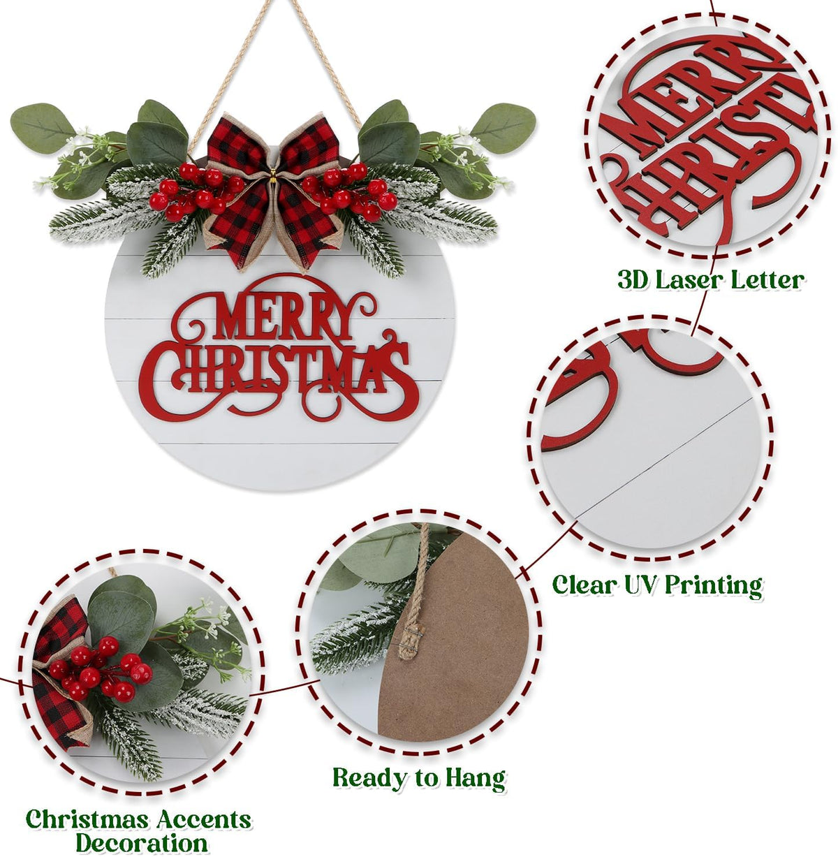CHDITB Cute Merry Christmas Wooden Front Door Wreath(11.4”x11.4”), Farmhouse 3D Christmas Decor