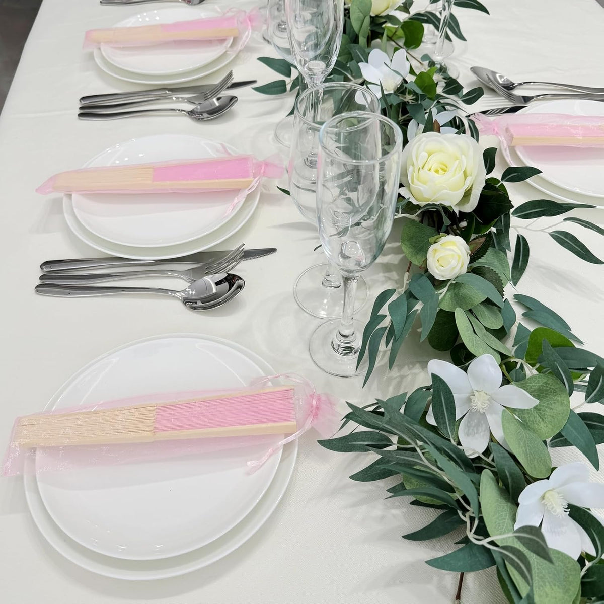 24pcs Imitated Silk Hand Fan Imitated Silk Fabric Bamboo Handheld Folded Fan Bridal Dancing Props