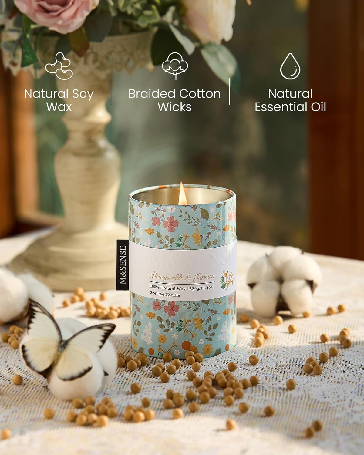 M&SENSE Honeysuckle Jasmine Scented Candle, Medium Jar Candle 11.3oz Natural Soy Wax for Home