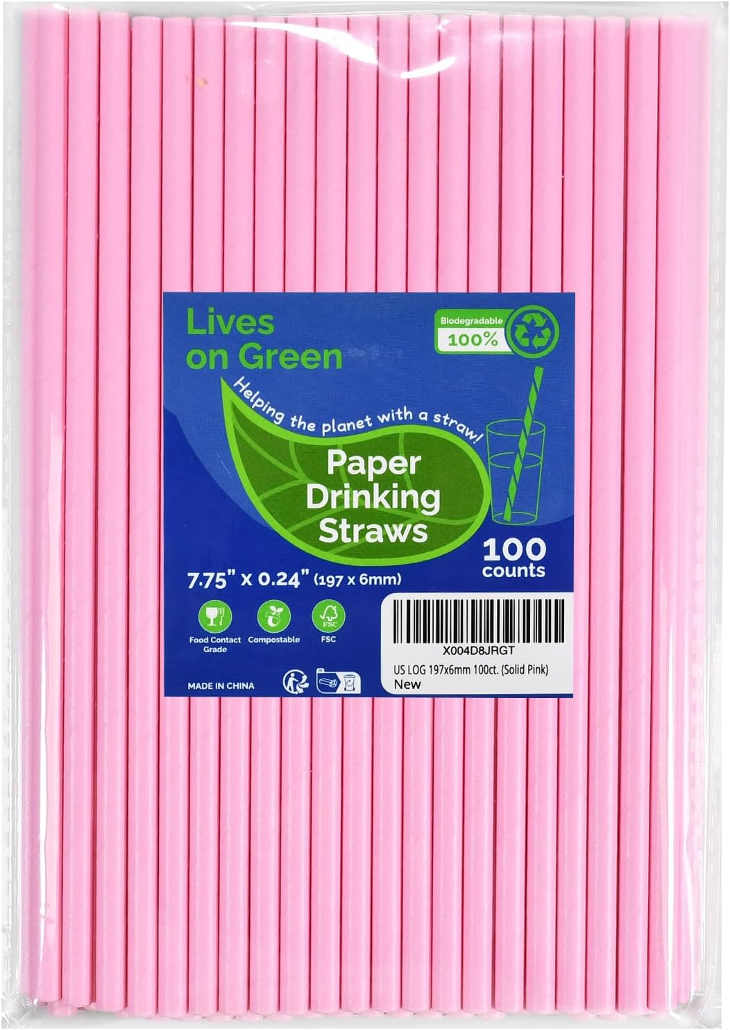Solid Pink Disposable Paper Drinking Straws 7.75 inch 100 Counts - for Party, Cocktails, Cake Pops