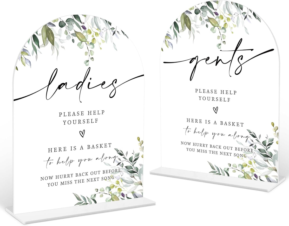 2 Pcs Greenery Wedding Bathroom Ladies & Gents Signs, 6 x 8 Inch White Arch Acrylic Wedding Sign