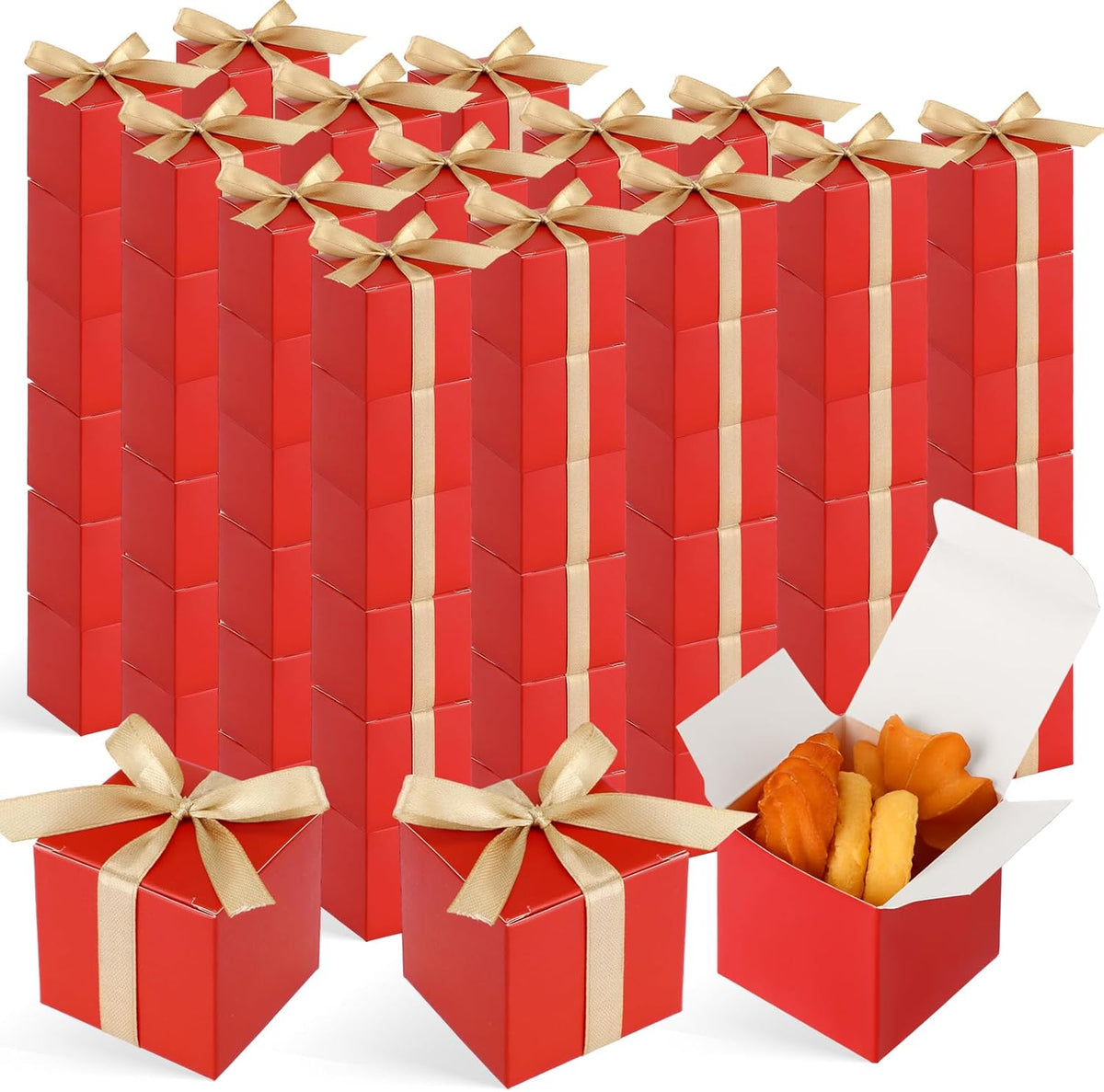 Jutom 100 Pcs Mini Favor Boxes Extra Small Candy Boxes Paper with Gold Ribbon for Christmas