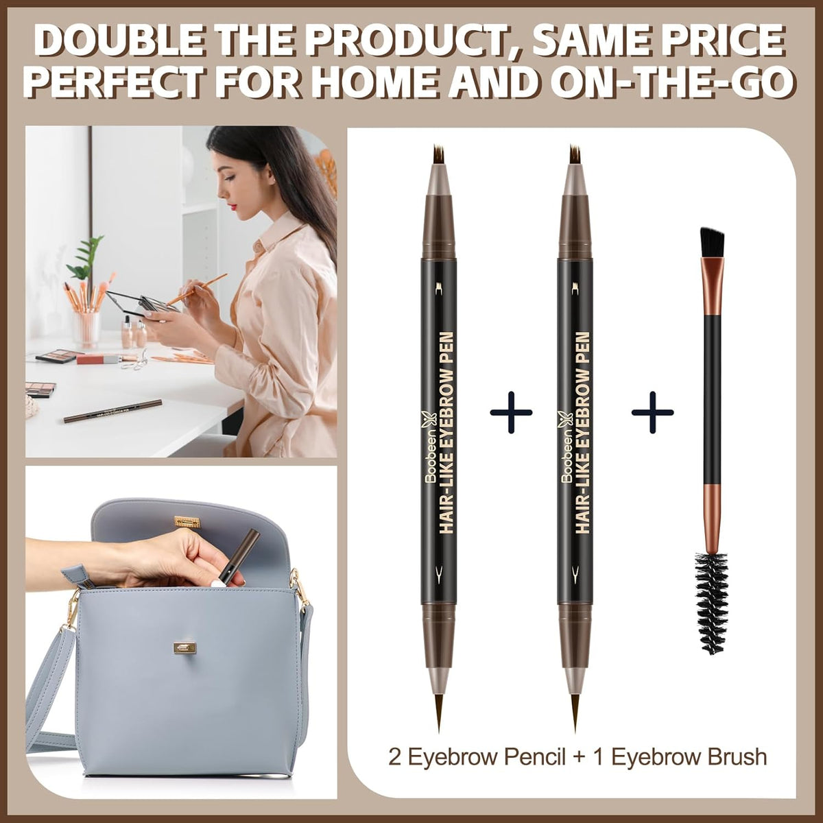 Boobeen 2pcs Waterproof Eyebrow Pen，Dual-Ended Eyeliner Microblading Eyebrow Pencil for Women，Long