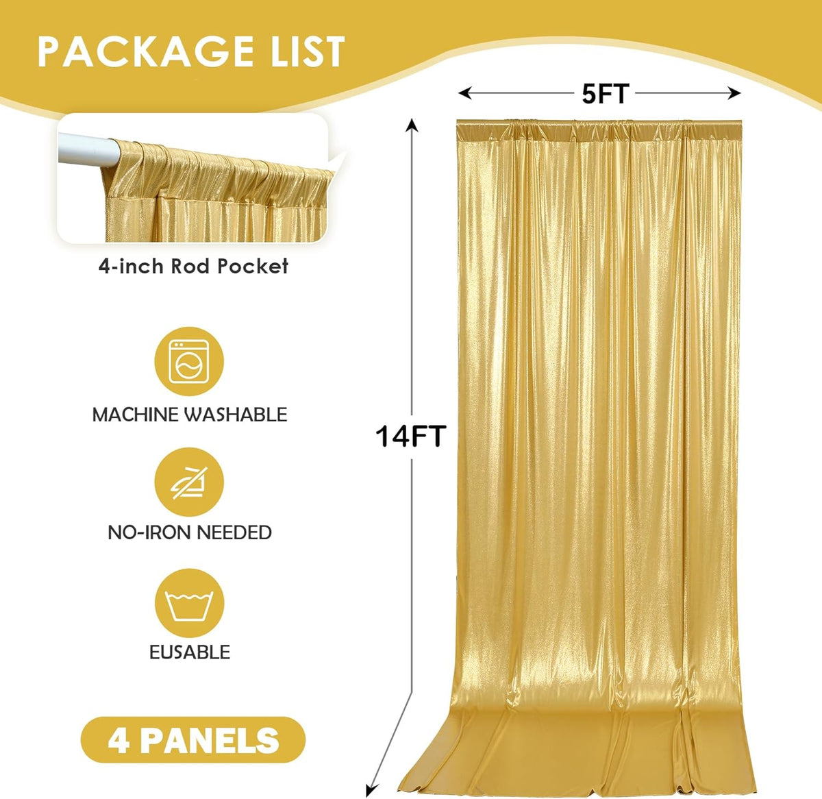 gogoparti 20x14FT Gold Sequin Backdrop Curtain - 4 Panels of 5x14FT Wrinkle-Free Reusable Glitter