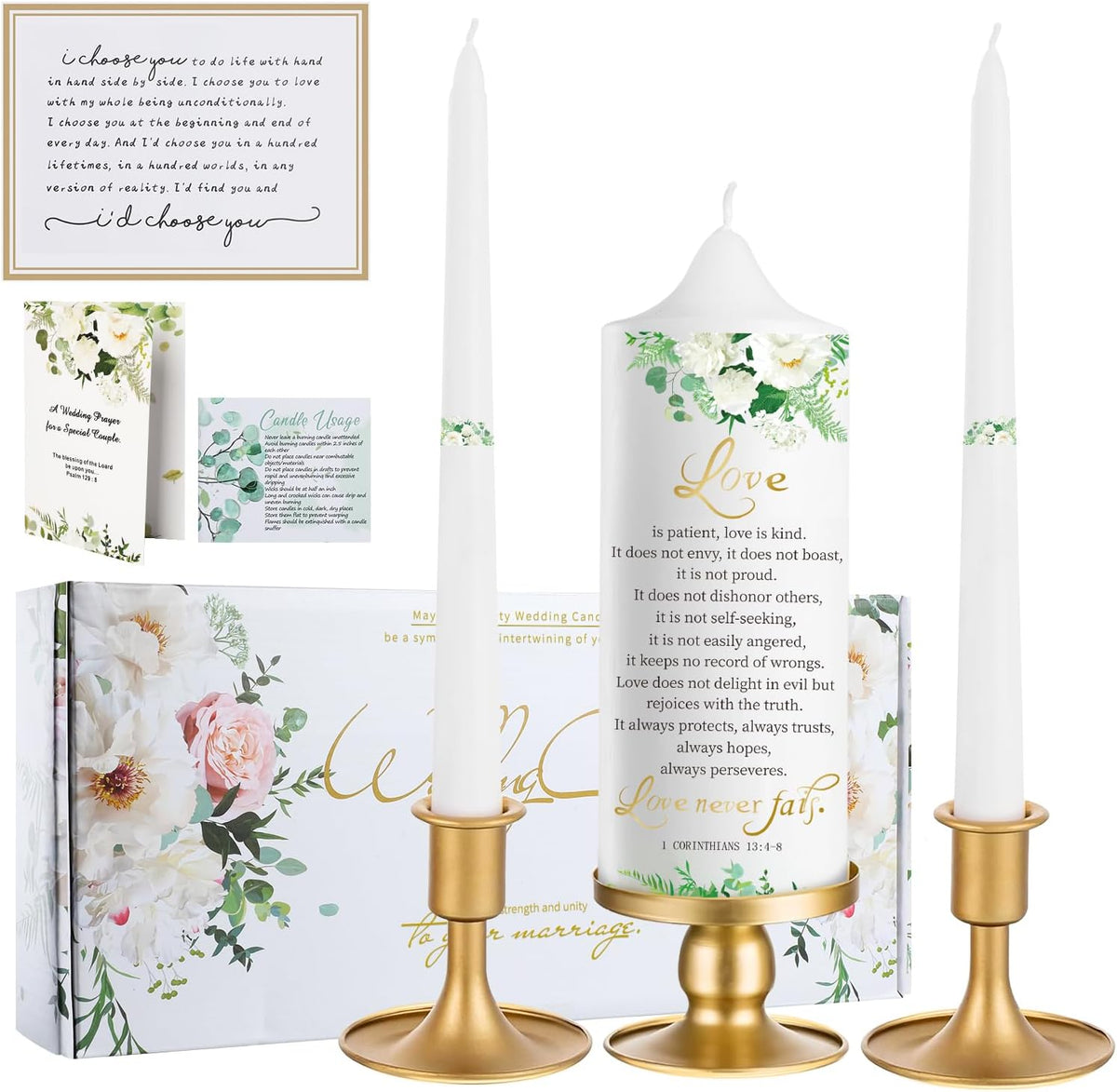 Extrogif Unity Wedding Candles Ceremony Set - 3 Floral Candles Set with Gold Holders, Elegant
