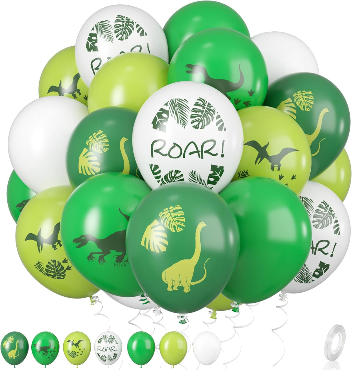 Dinosaur Balloons, 12 Inch Dino Printed Balloons Green White Lime Green Latex Balloons for Birthday