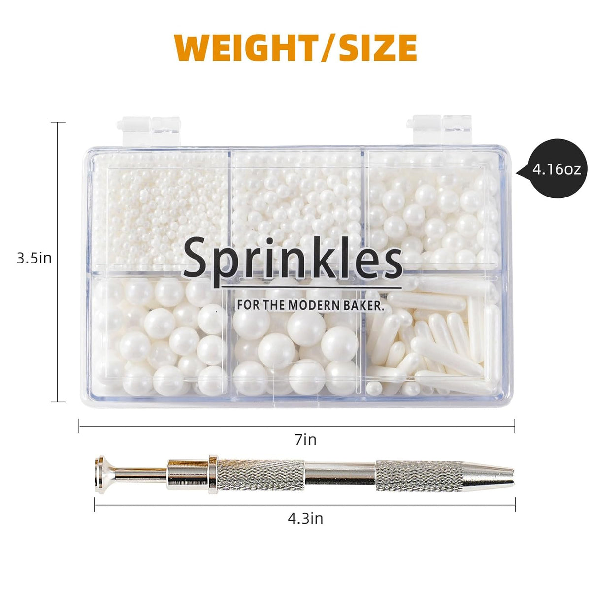 Kasvan White Mix Sugar Sprinkles - Edible Candy Pearls with 4-Claw Sprinkle Pen,118g/4.16 Oz, Gift