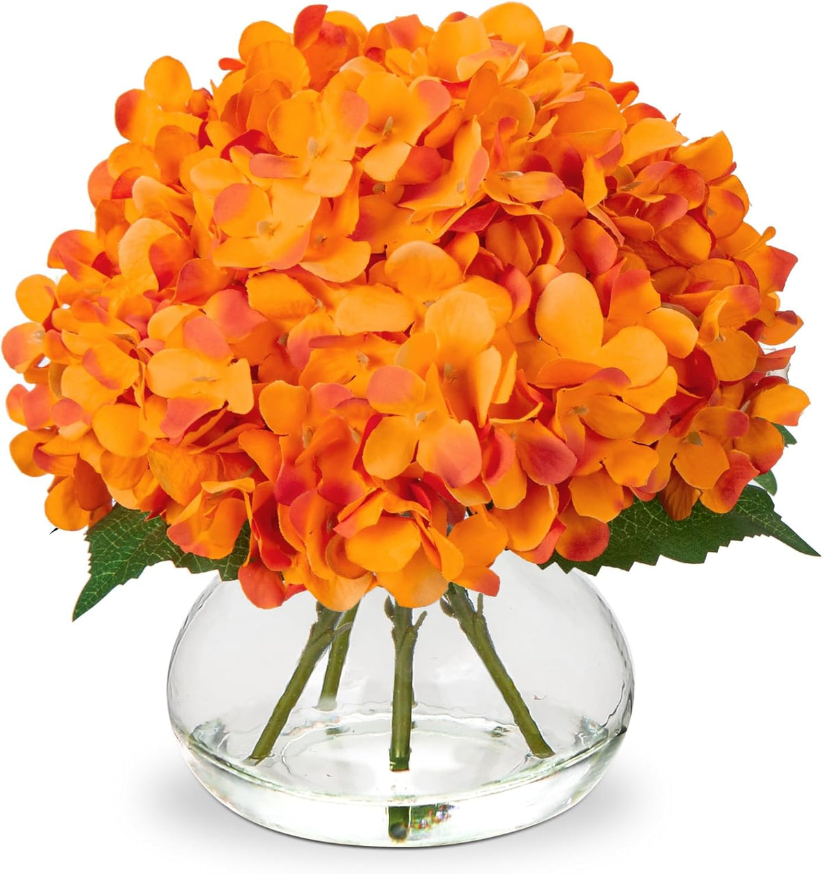 Hollyone Hydrangea Artificial Flowers in Vase Orange Silk Fake Flowers Arrangements with Glass Vase