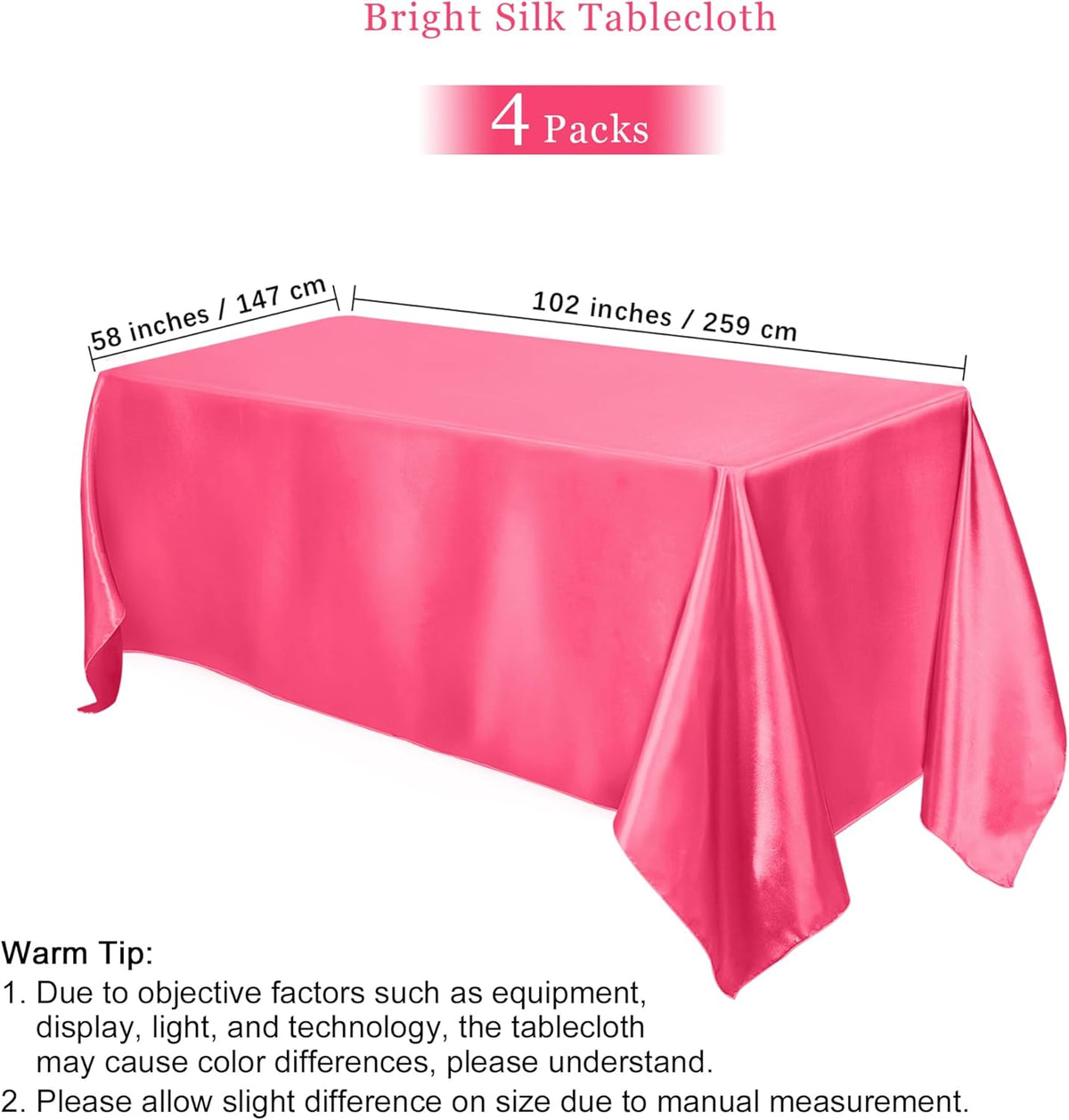 TURSTIN 4 Packs Gradient Pink Satin Tablecloth 102 x 58 Inch Overlay Satin Table Cover Rectangle