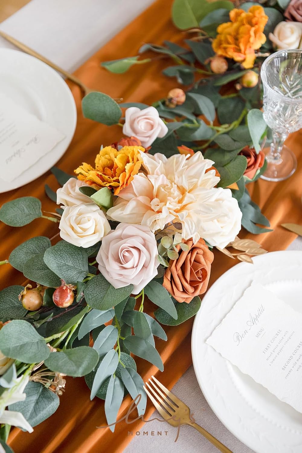 Ling's Moment Fall Flower Garland - 6FT Eucalyptus & Rose - Sweetheart Table Decor for Wedding