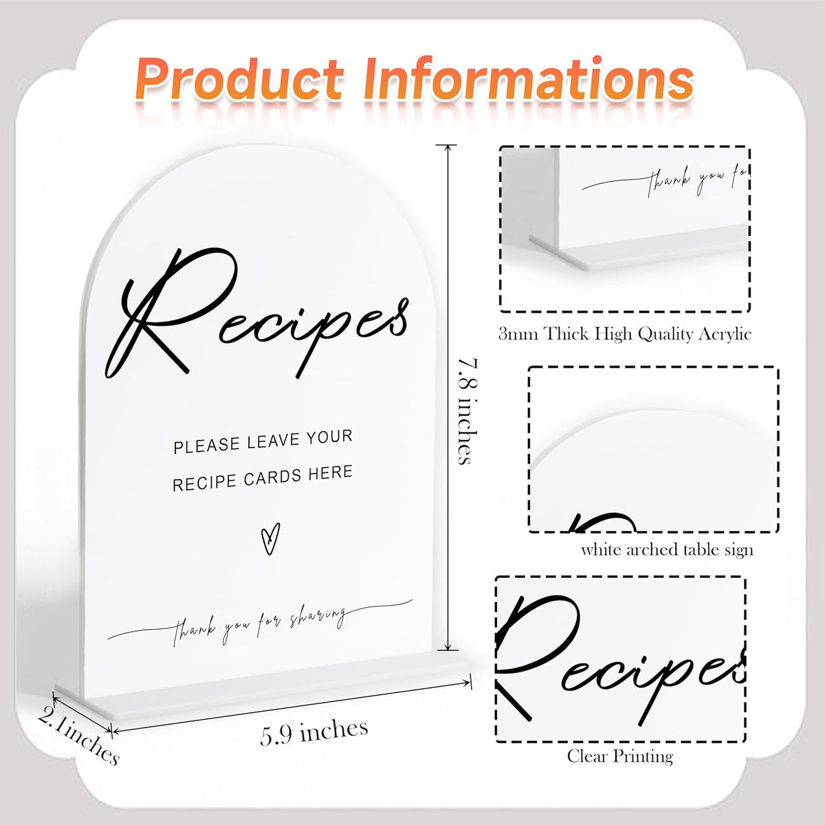 Leave Your Recipe Card Sign, White Arch Acrylic Wedding Sign, Recipe Cards for Bridal Shower