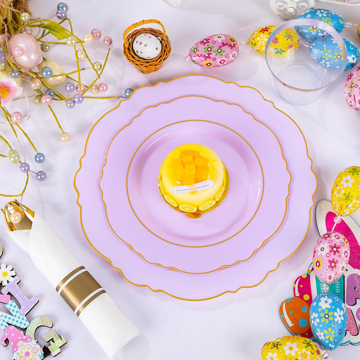 Liacere 350PCS Purple Plastic Plates - Disposable Light Purple and Gold Plates 50guest Baroque