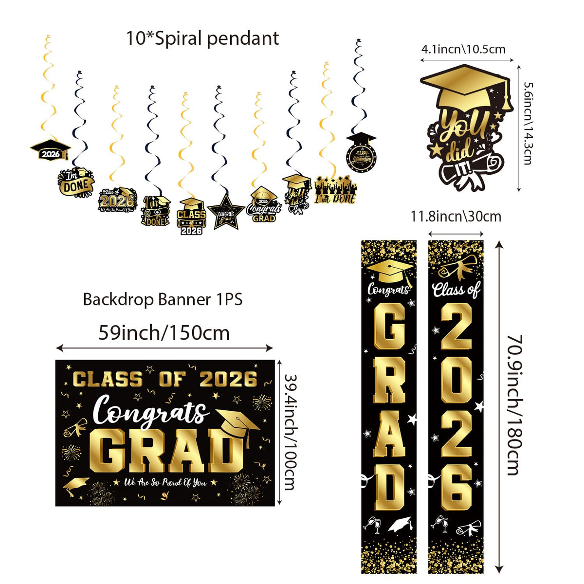 Graduation Decorations 2026 Set Black Gold, Congrats Grad Decor Set with Banner Backdrop Porch
