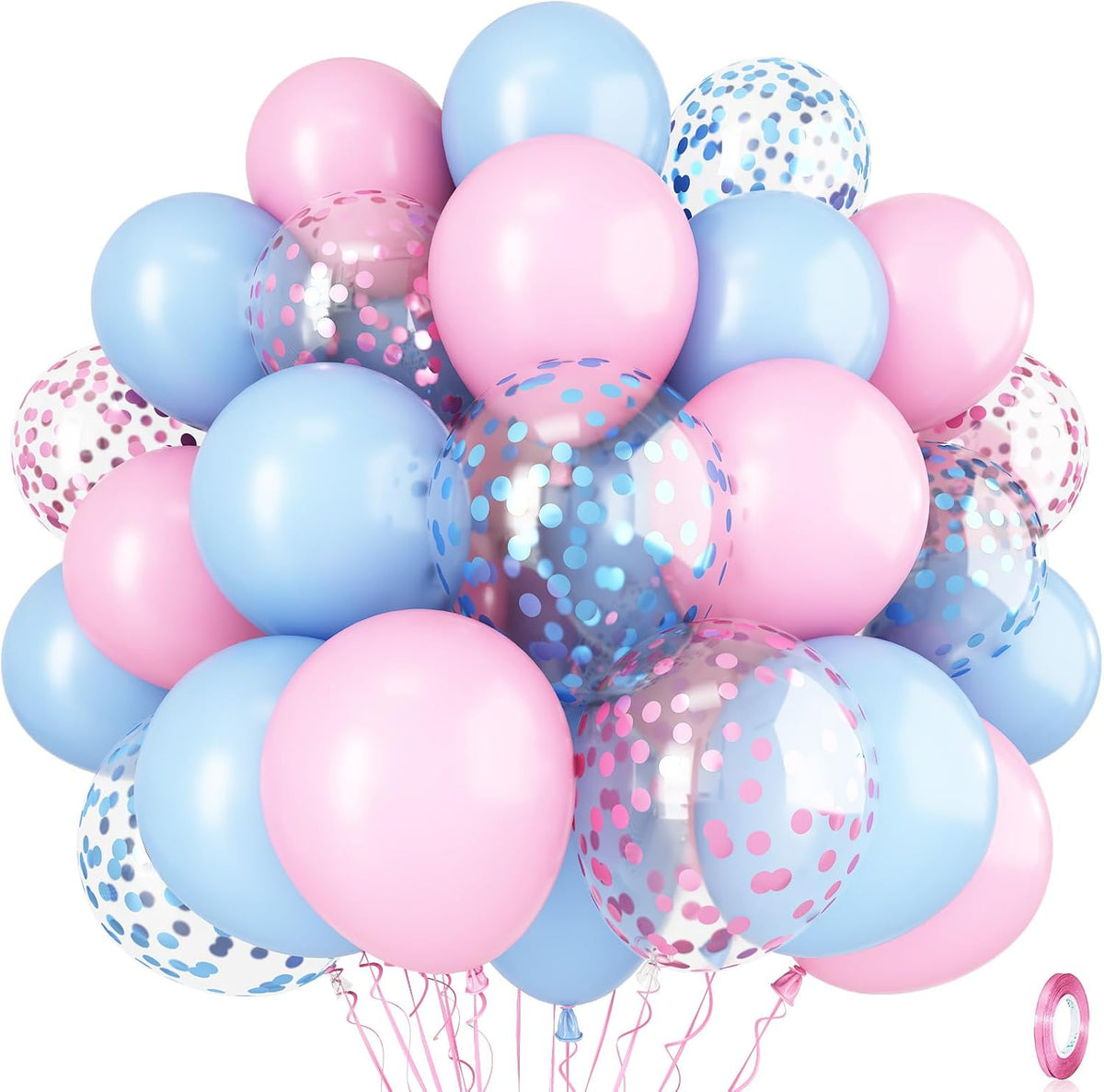 Pink and Blue Balloons Set, 35 Pack Pastel Pale Blue Pink Confetti Latex Balloons, 12 Inch Light