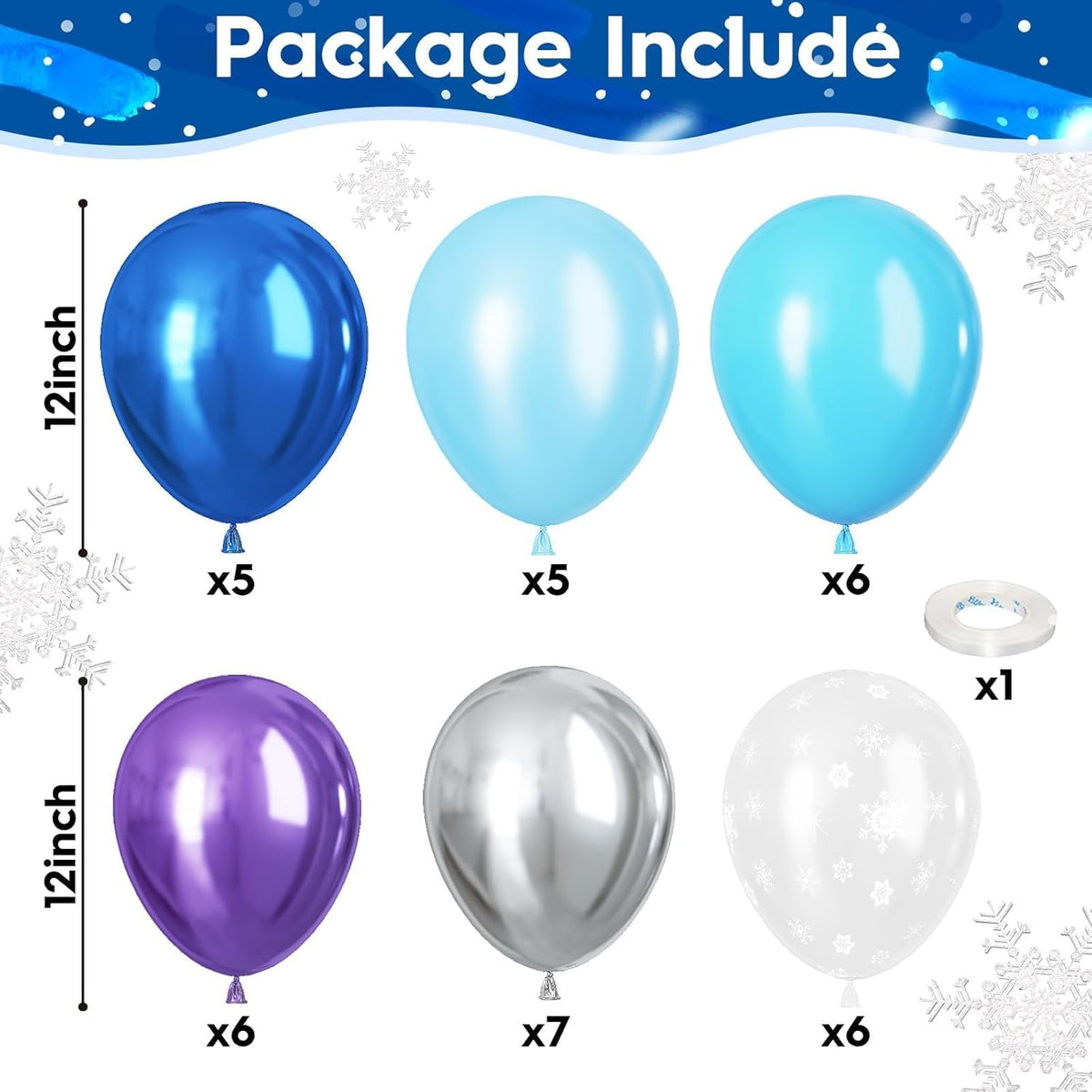 Snowflake Balloons, Pastel Blue Metallic Purple Silver Balloon with Snowflake Latex Balloons
