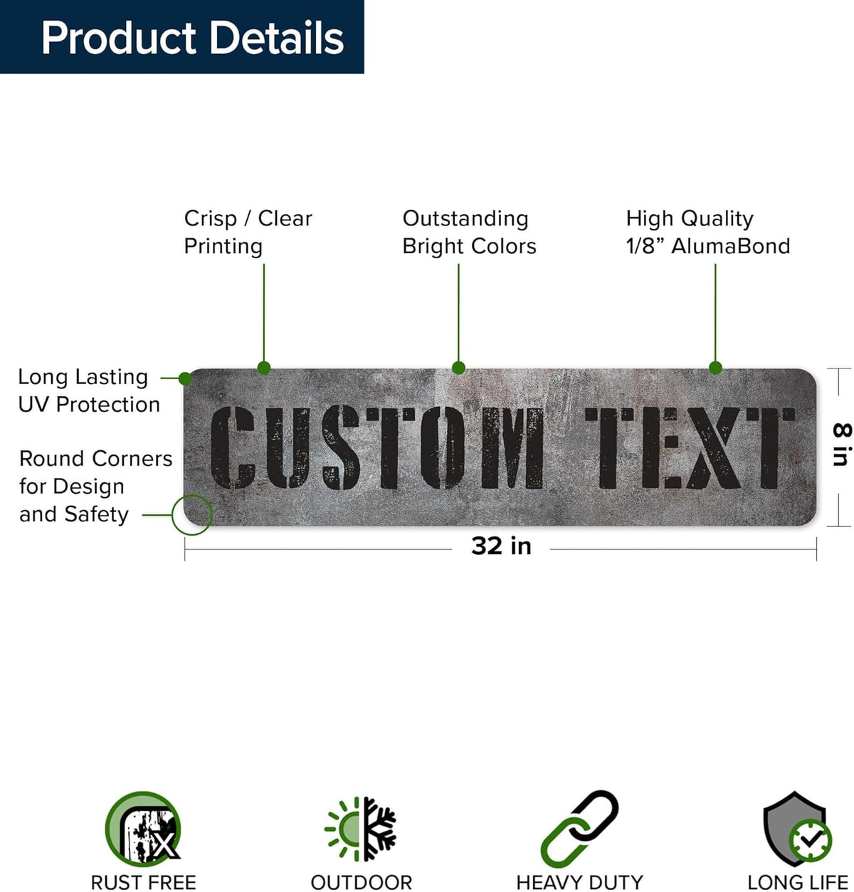 Custom Sign, Custom Street Sign, 11 Font Colors, 13 Font Styles, 4 Hole Options, 22 Sizes, 8x32
