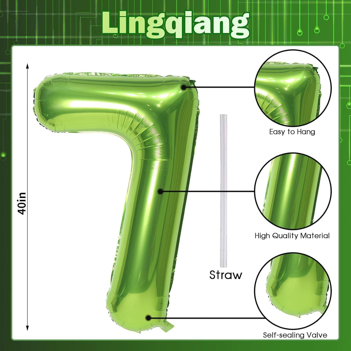 40'' Green Number 7 Balloons, Giant Self Inflating Foil Number Balloons Set 0-9, Large Digital 7