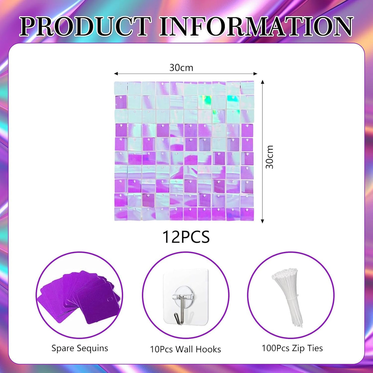 12PCS Colorful Purple Shimmer Wall Backdrop, Square Sequin Photo Backdrops Panel, Glitter Wall
