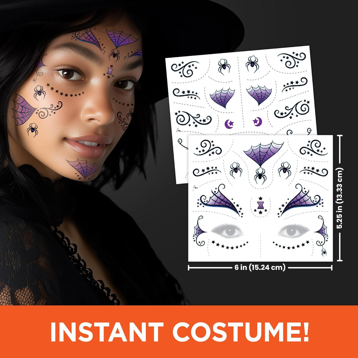 Halloween Witch Costume Temporary Tattoos – Magical Tattoo Kit for Kids, Includes Hats, Brooms