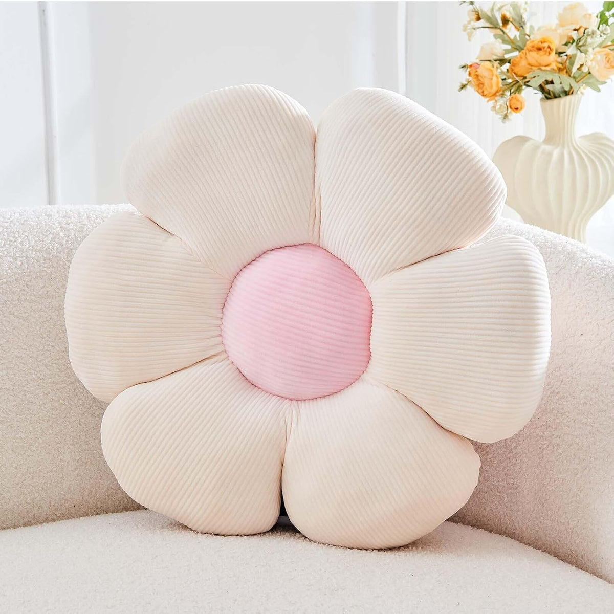Beige Flower Pillow, 19.6" Cute Flower Shaped Floor Pillow, Aesthetic Floral Plush Daisy Decorative