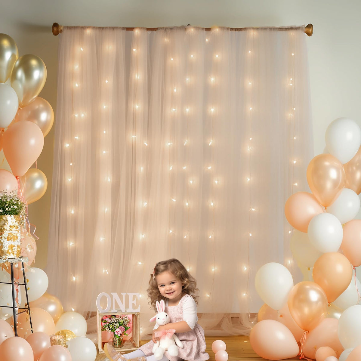 10x10ft Champagne Tulle Backdrop Curtain with Lights String for Parites, Sheer Backdrop Curtains