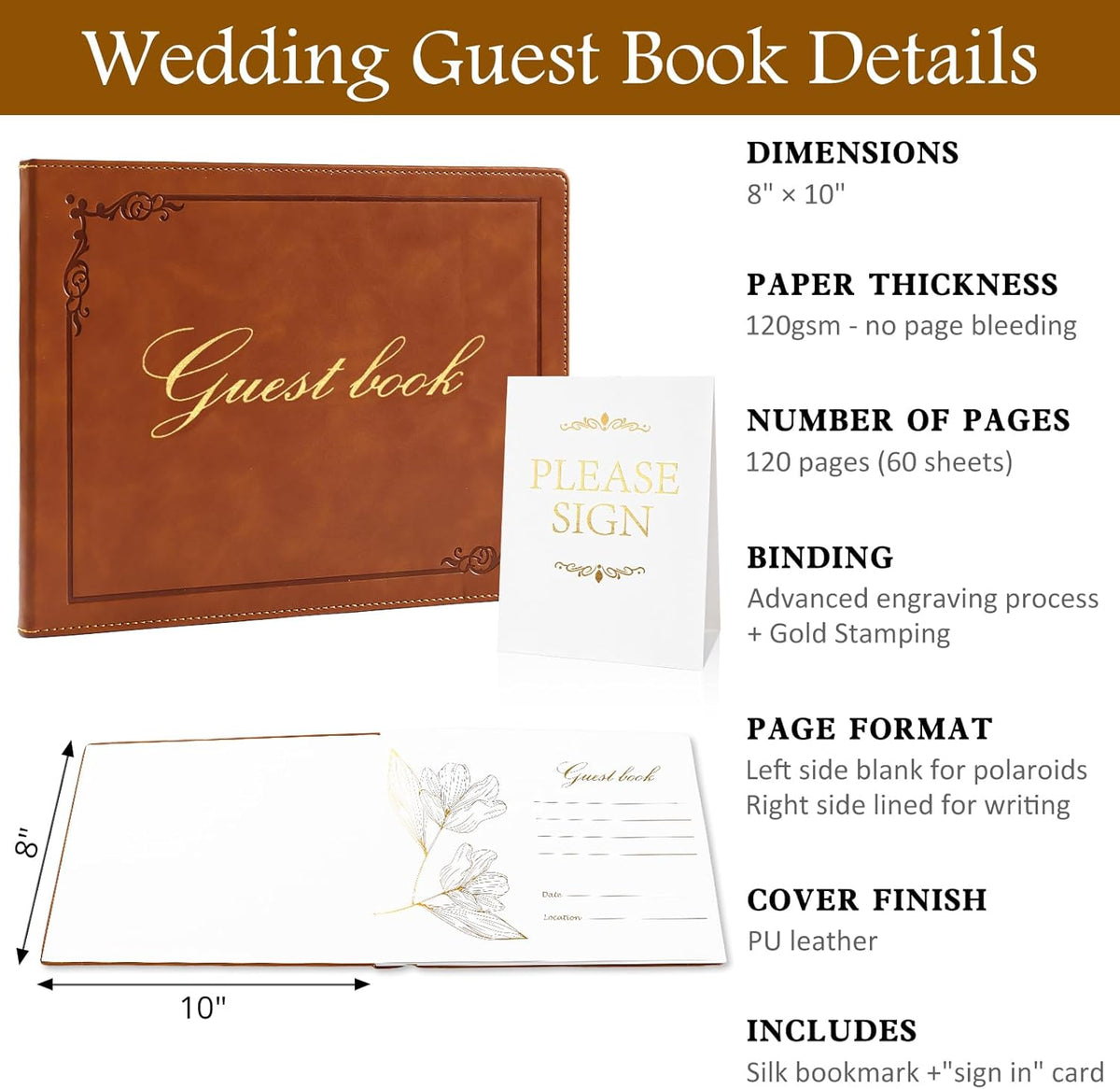 8x10 Leather Guest Book and Standup Sign Set, Gold Foiled Cover Registry Book for Wedding
