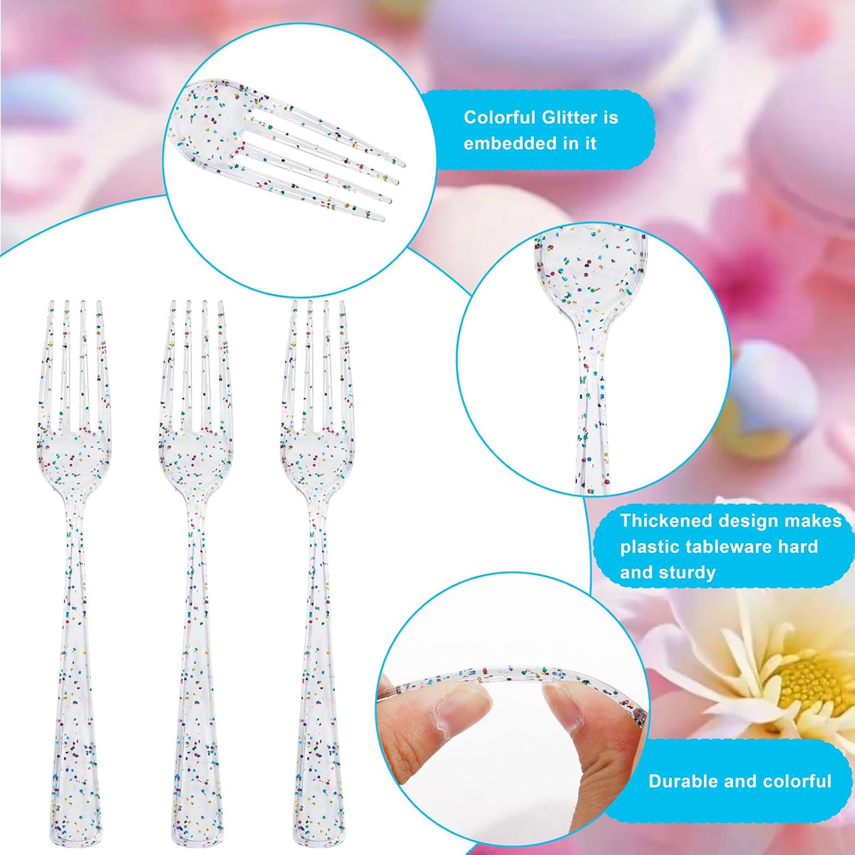Supernal 360pcs Glitter Disposable Plastic Forks,Plastic Silverware Heavy Duty,Clear Plastic