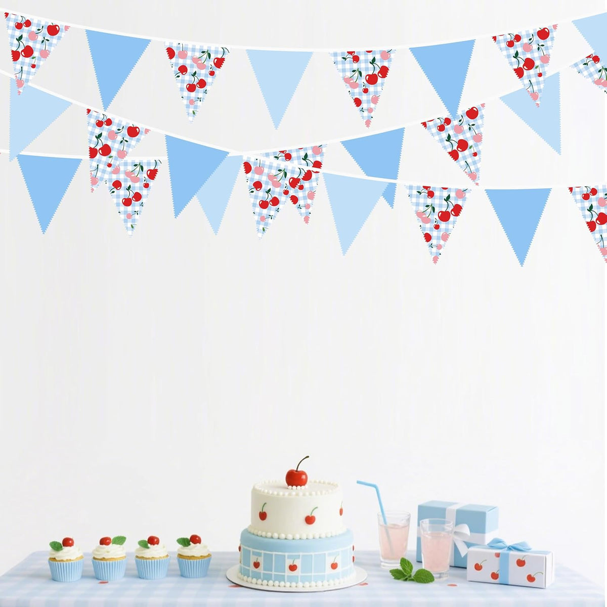 32Ft Blue Gingham Cheery Pennant Banner Fabric Triangle Flag Garland Streamers Party Decorations