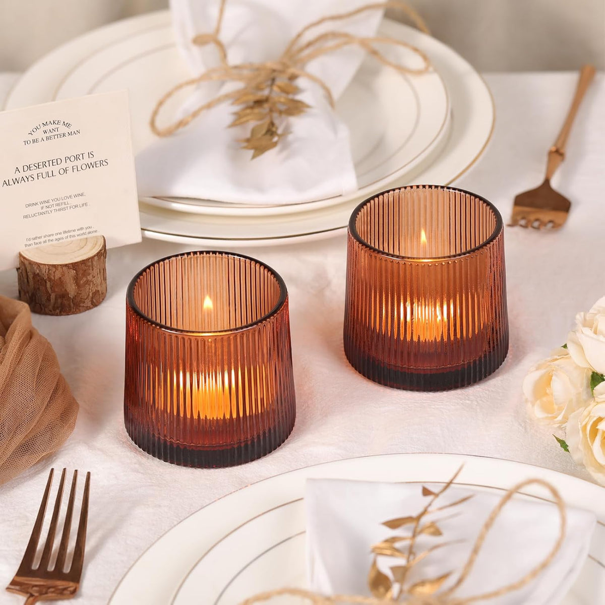 Amber Ribbed Tealight Votive Candle Holders Set of 10- Votive Candle Holders for Table Centerpiece