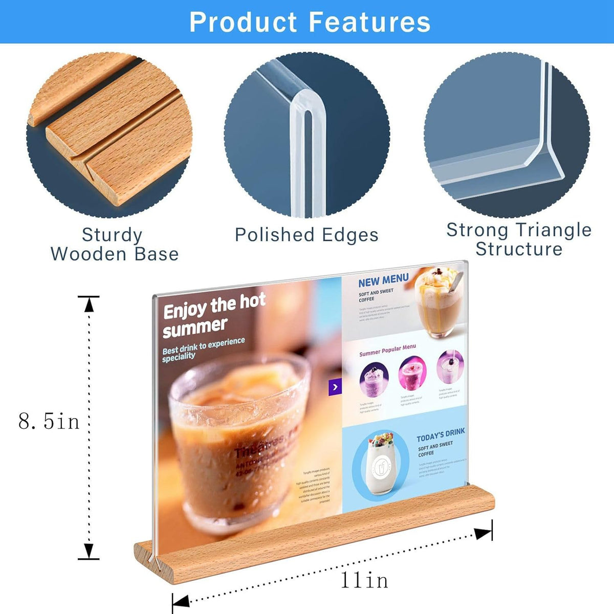 Kersally Acrylic Sign Holder 11 x 8.5'', 3 Pack Double-Sided Clear Table Display Stands with Wood