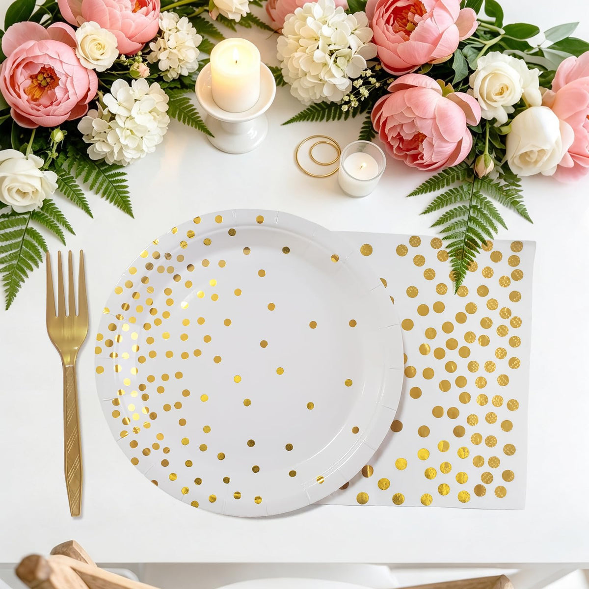 WXLDGHQ White and Gold Paper Plates Napkins Party Supplies
