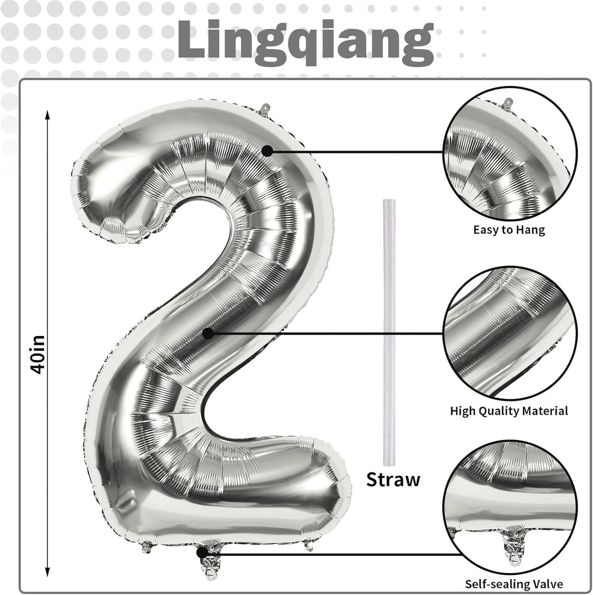 Silver Number Balloons, 40 inch Large Number 2 Foil Helium Balloons for Girls Women, Self Inflating