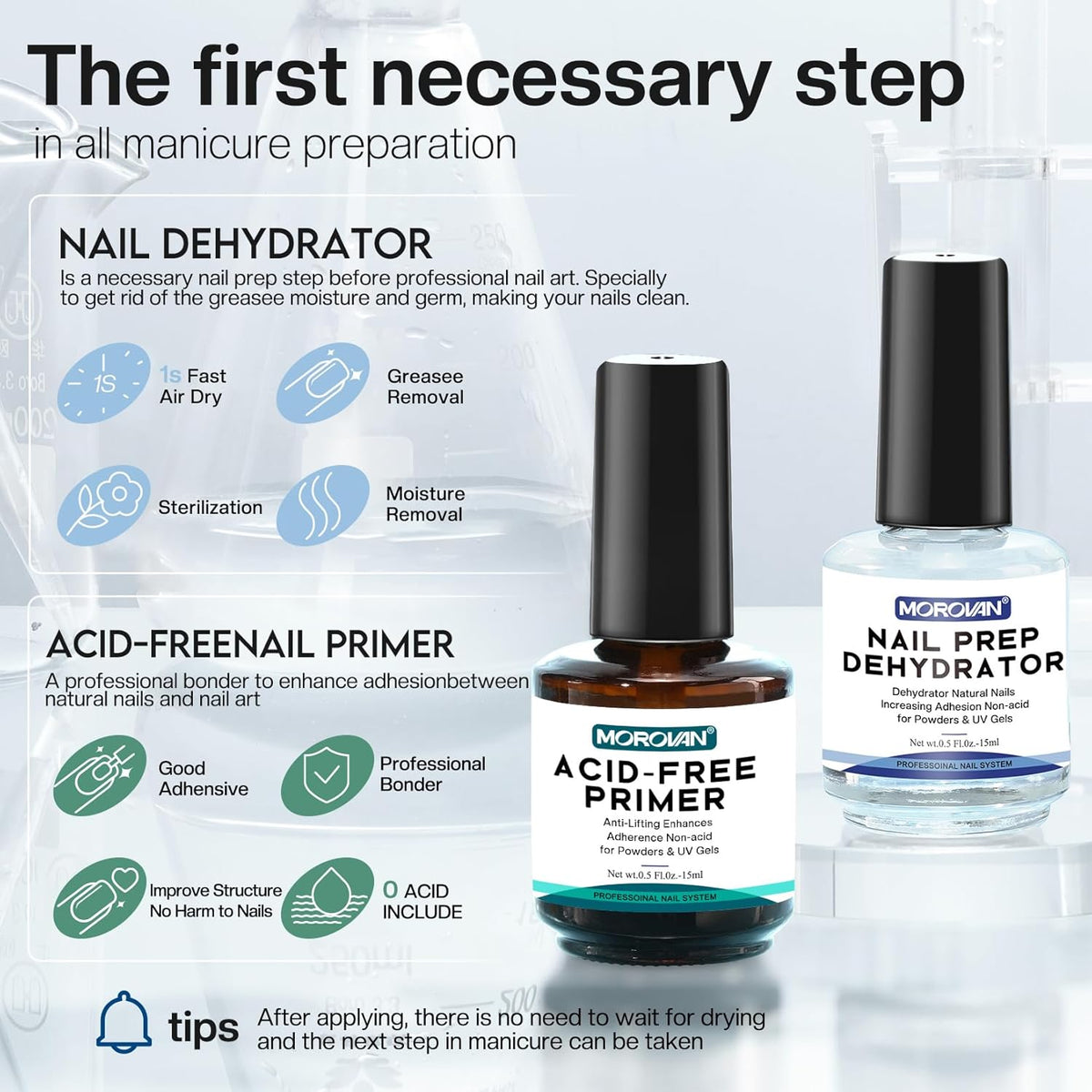 Morovan Professional Natural Nail Prep Dehydrate and Acid-Free Primer, Dehydrator for Acrylic and