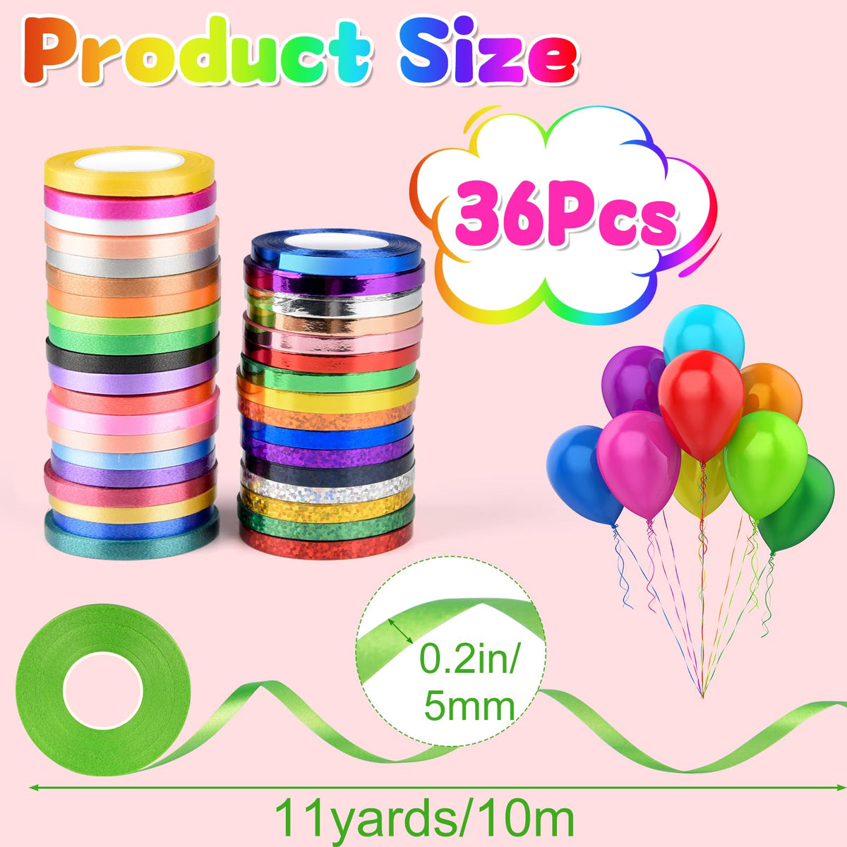 NEBURORA 36 Rolls 36 Colors Curling Ribbon 1/5 Inch 11 Yards Balloon String Ribbon for Gift