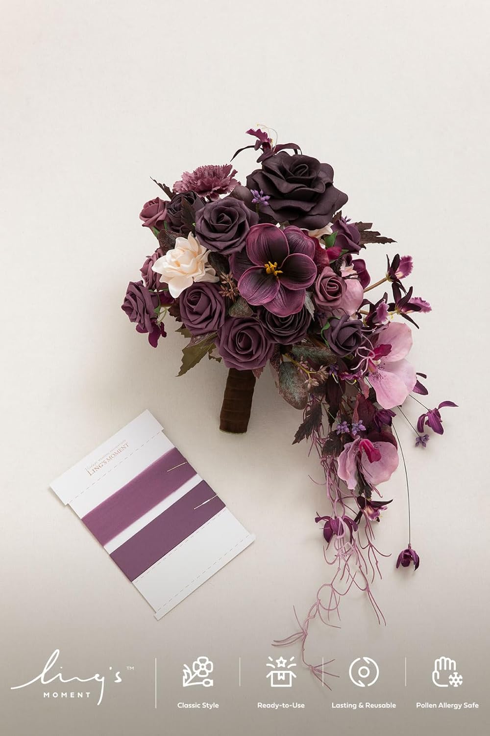 Ling's moment Purple Bridal Bouquet Cascading, Plum Wedding Bouquets for Bride, 13 Inch Bride
