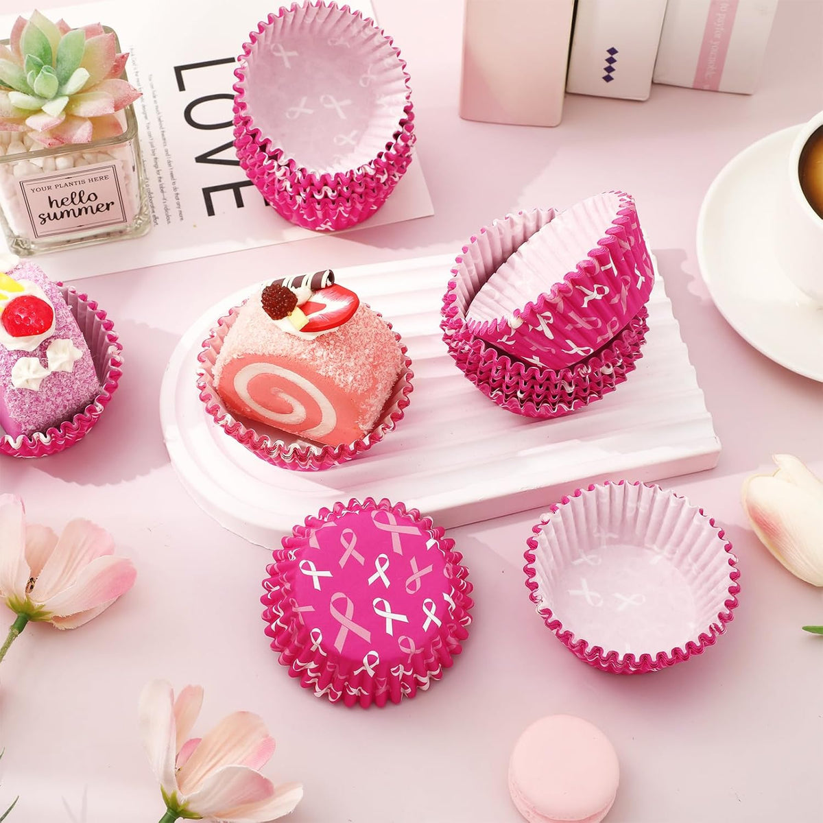 Whaline 300 Pcs Breast Cancer Awareness Cupcake Liners Pink Ribbon Cupcake Wrappers Muffin Liners