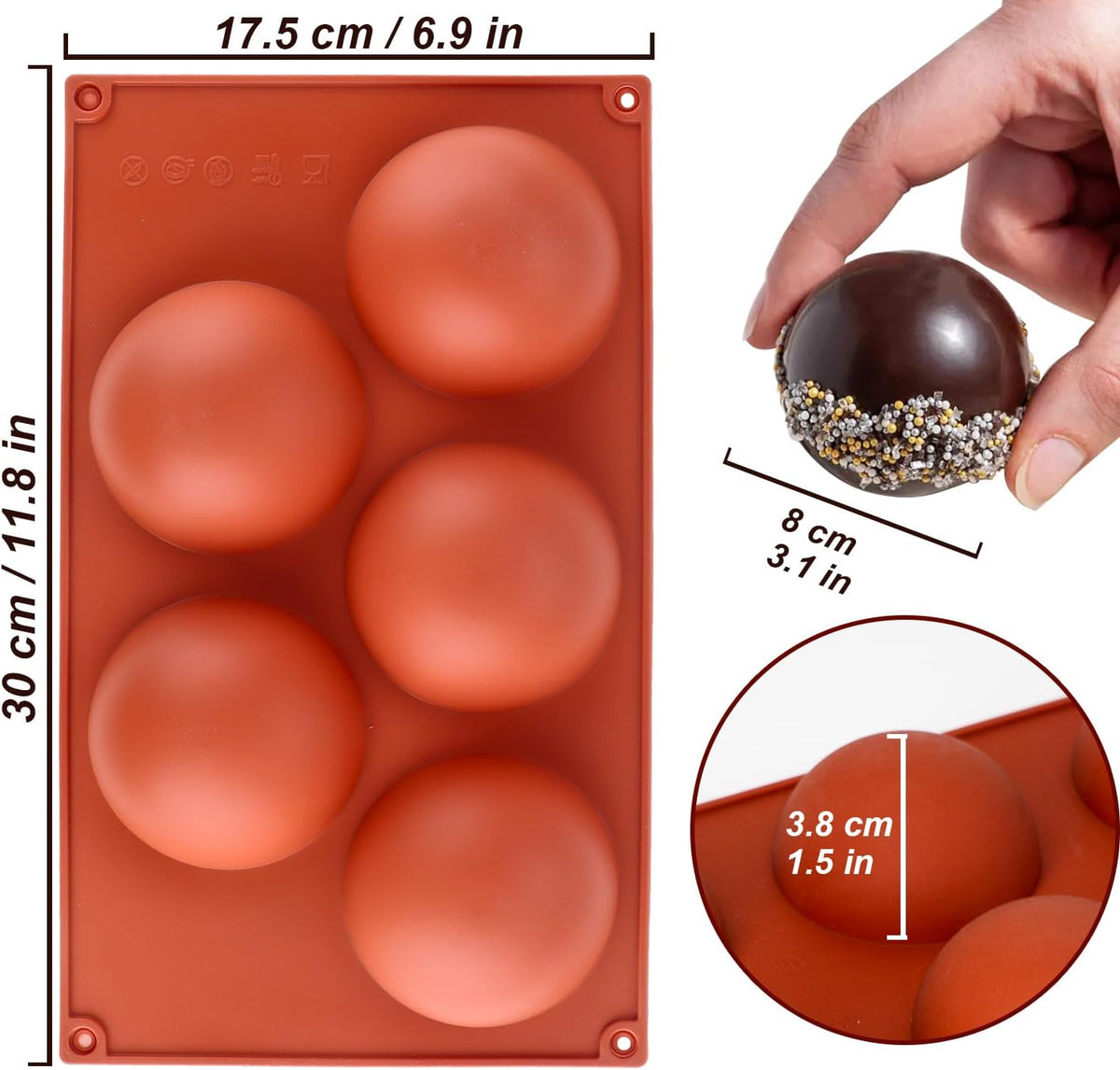 3 Pack Extra Large 5-Cavity Semi Sphere Silicone Molds, Half Sphere Baking Mold Non-Stick for