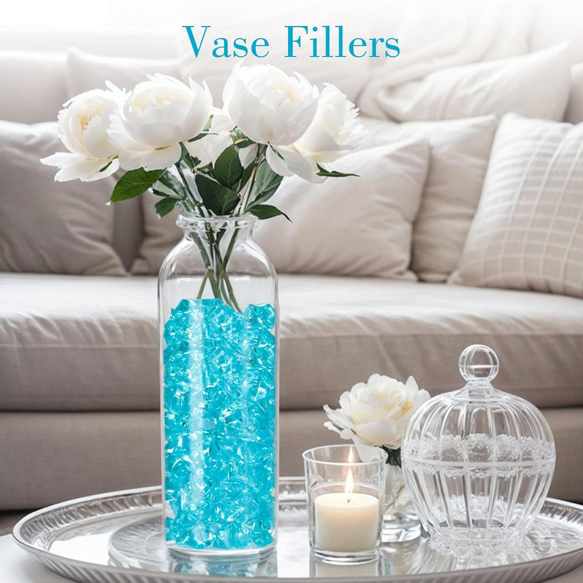 DomeStar Light Blue Fake Ice Rocks, 150PCS Acrylic Gems Crystals Plastic Diamonds Vase Centerpiece